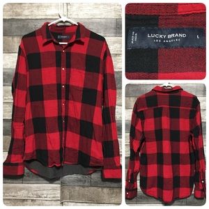 Lucky Brand Pearl Snap Shirt Women’s L Red Black Buffalo Plaid Lightweight